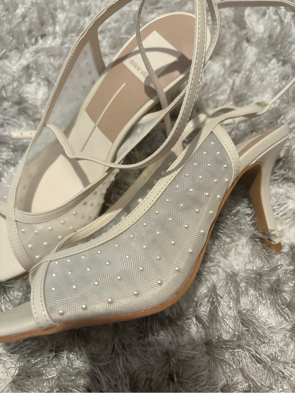 Dolce Vita Ivory Pearl-Studded Crisscross Slingback Heels